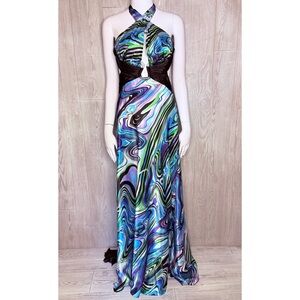 Vintage Morgan and co retro 90s long prom formal dress gown tie dye oil slick 12